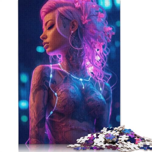 520-teiliges Puzzle mit rosa Blumenmotiv, Cyberpunk-Mädchen, für Erwachsene, Holzpuzzles für Erwachsene und Jugendliche ab 12 Jahren, 520 Teile (52 x 38 cm) von GQmoney