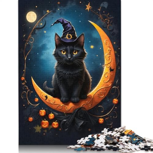 520-teiliges Puzzlespiel „Schwarze Katze und Blutmond“ für Erwachsene, Holzpuzzle, Lernspiel, Herausforderungsspielzeug, 520 Teile (52 x 38 cm) von GQmoney
