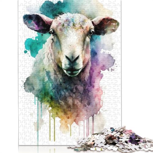 Aquarell-Puzzle mit Schafporträt für Erwachsene und Kinder. Unmögliches Herausforderungsspielzeug, Lernspiel, Heimdekoration, ab 14 Jahren, 1500 Teile (85 x 57 cm) von GQmoney