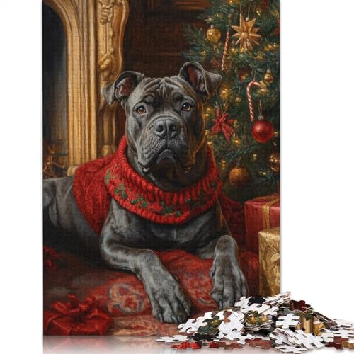 Cane Corso im festlichen roten Hunde-Weihnachtsporträt mit rotem Schal, Puzzle für Teenager, 1000 Teile, Puzzle, Denksportaufgabe (75 x 50 cm) von GQmoney