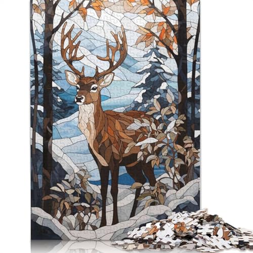 Hirsch-Schnee-Buntglas-Puzzle für Erwachsene, 1000 Teile, Papierpuzzles für Jugendliche ab 12 Jahren, 1000 Teile (75 x 50 cm) von GQmoney