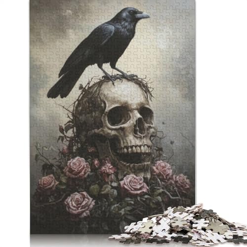 Krähe auf Totenkopf mit Rosen-Puzzle für Erwachsene und Kinder. Skurrile Herausforderung, Spielzeug, Lernspiele, Heimdekoration, Geschenke, 520 Teile (52 x 38 cm) von GQmoney