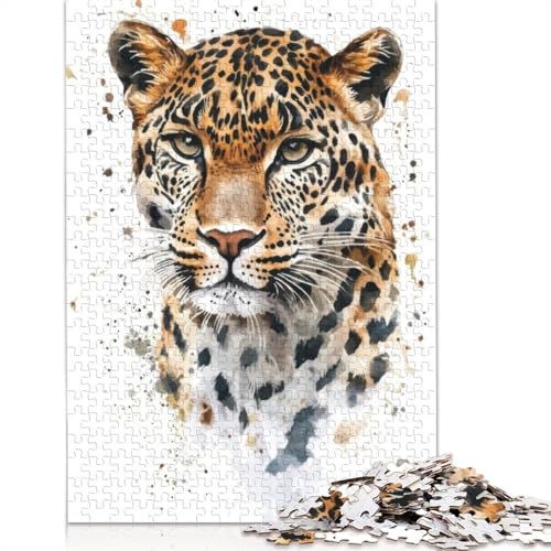 Leoparden-Aquarellporträt-Puzzle für Erwachsene und Kinder. Unmögliches Herausforderungsspielzeug, Lernspiele, Heimdekoration, ab 14 Jahren, 1000 Teile (75 x 50 cm) von GQmoney