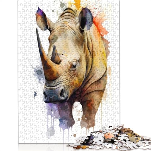 Nashorn in Aquarell-Puzzles für Erwachsene und Kinder. Skurrile Herausforderung, Spielzeug, Lernspiele, Heimdekoration, ab 14 Jahren, 1000 Teile (75 x 50 cm) von GQmoney