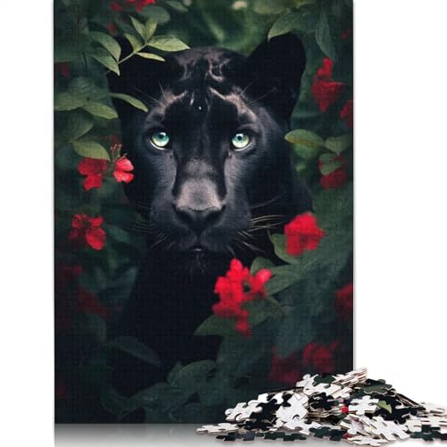 Puzzle 1000 Teile für Erwachsene, Quadratisches Puzzle mit roten Blumen und schwarzem Panther für Erwachsene, Holzpuzzle, praktisches Spiel mit 1000 Teilen (75 x 50 cm) von GQmoney