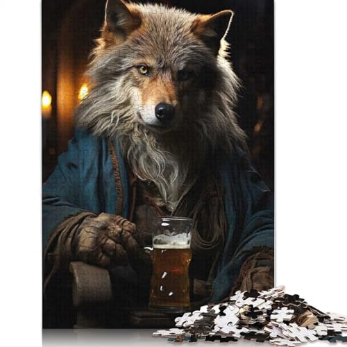 Puzzle für Erwachsene, 1000 Teile, Bier schlürfender Wolf, Kunst-Puzzle, Puzzles für Erwachsene, Lernspiel, Herausforderungsspielzeug, 1000 Teile (38 x 26 cm) von GQmoney
