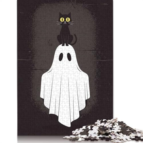 Puzzle für Erwachsene, 1000 Teile, Schwarze Katze auf Geist, Halloween-Illustration, Puzzle, Puzzles für Erwachsene, Lernspiel, Herausforderungsspielzeug, 1000 Teile (38 x 26 cm) von GQmoney