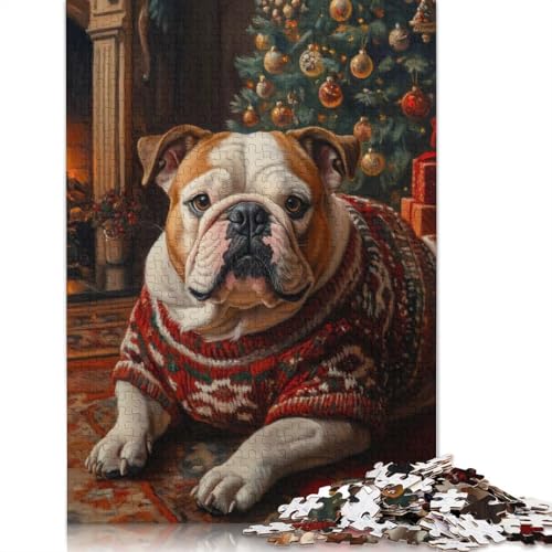 Puzzle für Erwachsene, Bulldogge, Weihnachtsporträt, englische Bulldogge im Pullover, Papierpuzzles für Teenager, Geschenke, Heimdekoration, Puzzlespielzeug, 1000 Teile (75 x 50 cm) von GQmoney