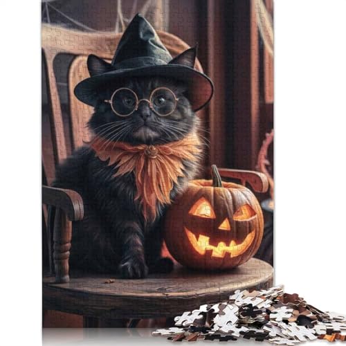 Puzzle für Erwachsene und Jugendliche, Halloween-Katze mit Hexenhut, Puzzles für Erwachsene und Teenager, Familienspiel, 1000 Teile (75 x 50 cm) von GQmoney