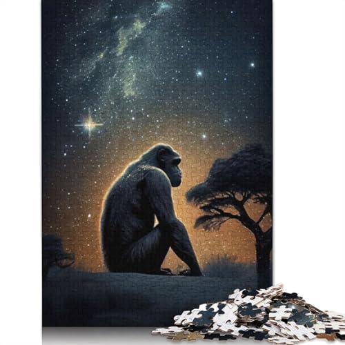 Puzzle mit 1000 Teilen „Ape Under The Stars“ für Erwachsene, 100% recycelte Holzplatte, schwierige Puzzles für Frauen und Männer, 1000 Teile (75 x 50 cm) von GQmoney