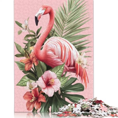 Rosa Flamingo mit tropischen Blumen, Puzzle für Erwachsene, Premium-Puzzle aus 100% recyceltem Brett, schwierige Puzzles für Kinder ab 12 Jahren, 1000 Teile (75 x 50 cm) von GQmoney
