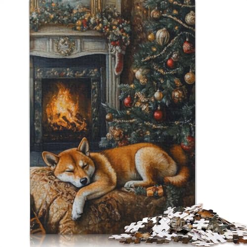 Schlafender Shiba Inu, Weihnachtskamin, Shiba Inu, Weihnachtskunst-Puzzles für Erwachsene, 1000 Teile, Puzzle für Erwachsene und Teenager, Familienspiel, 1000 Teile (38 x 26 cm) von GQmoney