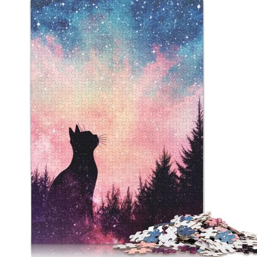 Schwarze Katze Nachthimmel Puzzle für Erwachsene 1500 Teile Holzpuzzle für Erwachsene und Teenager Heimdekoration Puzzle Spielzeug 1500 Teile (85x57cm) von GQmoney