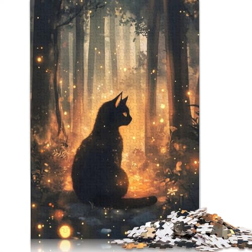 Schwarze Katze im magischen Wald, 1000-teiliges Puzzle für Erwachsene, 100% recycelte Holzplatte, schwierige Puzzles für Frauen und Männer, 1000 Teile (75 x 50 cm) von GQmoney