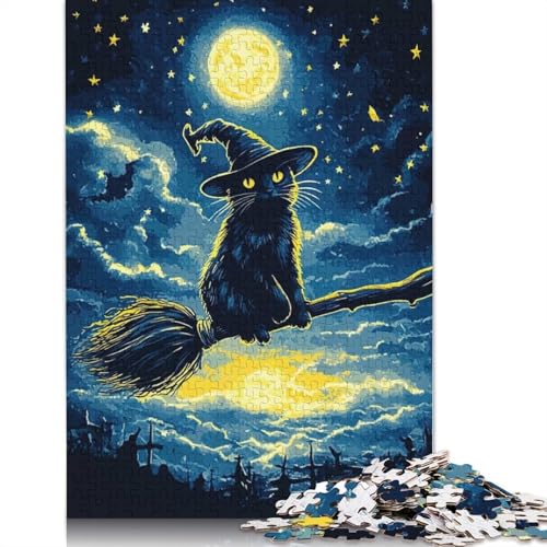 Schwarze Katzenhexe auf Besen, Papierpuzzle, 1000 Teile, Puzzle für Erwachsene, Lernspiel, Herausforderungsspielzeug, 1000 Teile (38 x 26 cm) von GQmoney