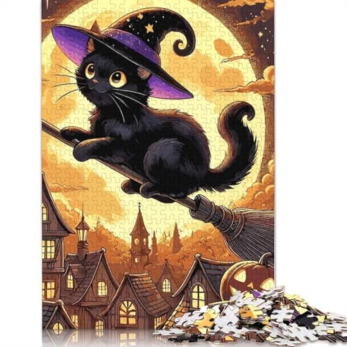 Schwarze Katzenhexe auf Besen, Puzzle 1000 Teile, Papierpuzzle für Erwachsene und Teenager, Familienspiel, 1000 Teile (38 x 26 cm) von GQmoney