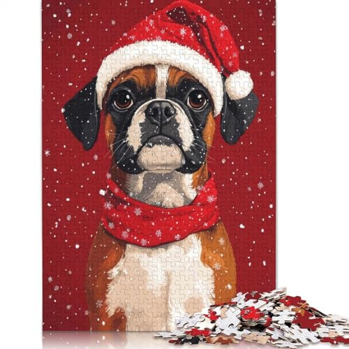 Weihnachts-Boxerhund mit Weihnachtsmütze, festliches Weihnachts-Haustierporträt-Puzzle für Teenager, 1000 Teile, Puzzle, Denksportaufgabe (75 x 50 cm) von GQmoney