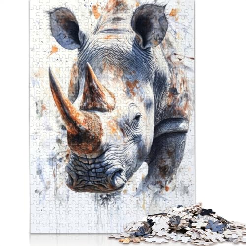 Weißes Nashorn-Aquarell-Puzzle für Erwachsene und Kinder. Tolles Geschenk, Herausforderungsspielzeug, Lernspiel, Heimdekoration, Geschenke, 1500 Teile (85 x 57 cm) von GQmoney