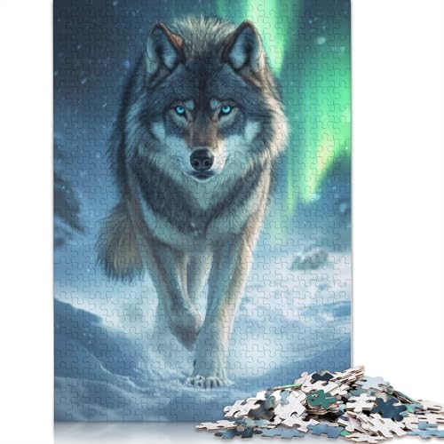 Wolf unter Aurora Borealis-Puzzles für Erwachsene und Kinder. Tolle Geschenke, Herausforderungsspielzeug, Lernspiele, Heimdekorationsgeschenke, 520 Teile (52 x 38 cm) von GQmoney