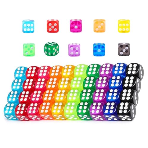 Transparente Würfel Set, 50 Stück, 14mm Sechsseitig, 10 Farben, Spielwürfel mit Runden Ecken für Brettspiele von GQunit