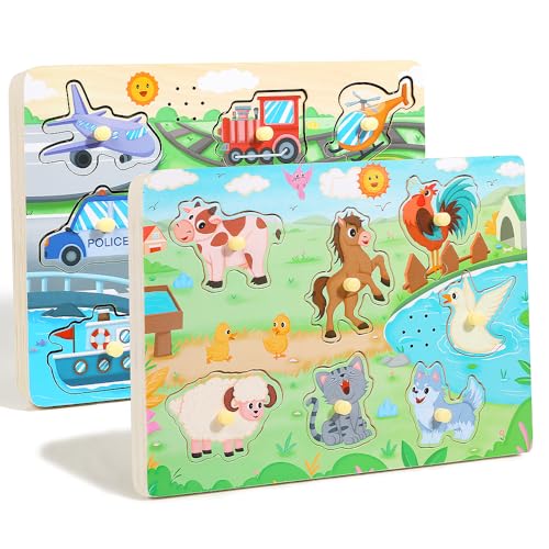 GRINNNIE Bauernhoftiere und Fahrzeuge Sound Puzzle (15 PCS) - Holz Kleinkind Peg Puzzle Spielzeug mit Soundeffekten für 3 4 5 Jahre alt, Geburtstag für Mädchen Jungen von GR GRINNNIE