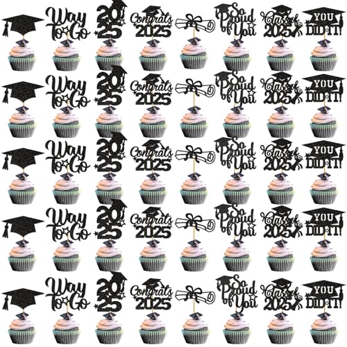 Cupcake-Topper zum Schulabschluss, 2025, Abschlussdekoration, Klasse 2025, Cupcake-Topper, 2025, Congrats Grad, Cupcake-Picks, Abschlussfeier, Party-Dekorationen 2025, Schwarz, 40 Stück Cupcake-Topper zum Schulabschluss, 2025, Abschlussdekoration, Klasse 2025, Cupcake-Topper, 2025, Congrats Grad, Cupcake-Picks, Abschlussfeier, Party-Dekorationen 2025, Schwarz, 40 Stück von GRACEN