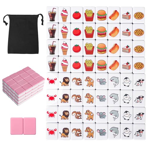 GRACIAS Mahjong-Block-Set für 2 Spieler, Mahjong Legespiel mit 66 hochwertigen rosa Fliesen (30 mm) Tier- und Lebensmittelmuster, tragbares Mahjongg-Set mit Tragetasche von GRACIAS