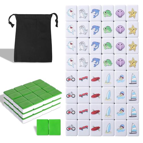 GRACIAS Mahjongg-Block-Set für 2 Spieler, Mahjongg-Fliesenspiel mit 50 hochwertigen grünen Spielsteinen (30 mm) Tier- und Sportmuster, tragbares Mahjongg-Set mit Tragetasche von GRACIAS