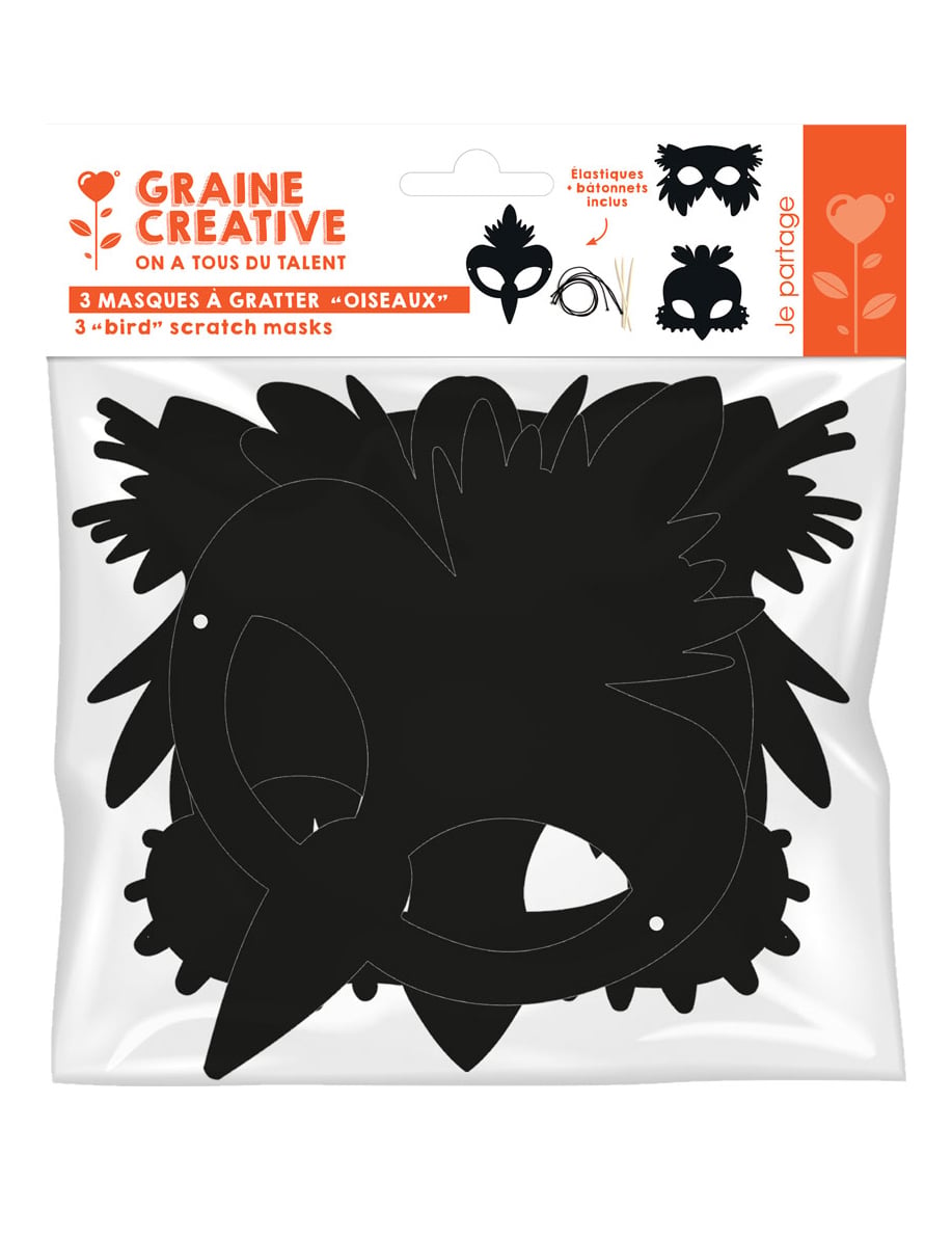 3 Kratzmasken Vögel aus Pappe mit Gummibändern von GRAINES CREATIVES