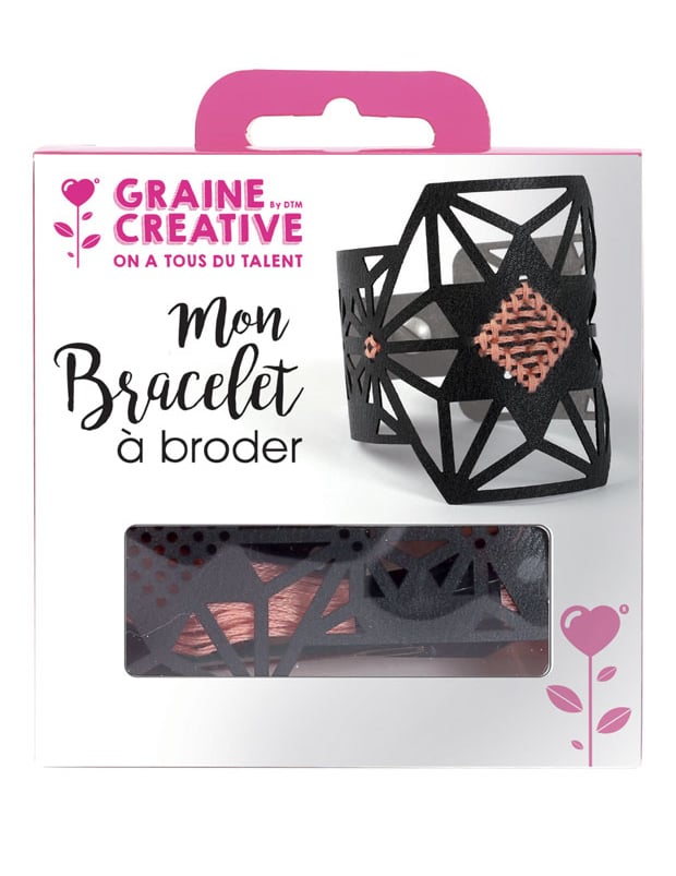 Stick-Armband Set Stern-Motiv Kunstleder schwarz und rosa Garn von GRAINES CREATIVES