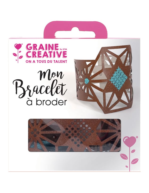 Stick-Set Armband aus braunem Lederimitat mit Sternen-Motiv und türkisem Garn von GRAINES CREATIVES