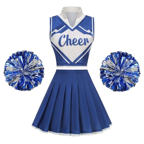 GRAJTCIN Cheerleader-Kostüm für Damen, Cheerleader-Uniform, Erwachsene, Schule, Mädchen, Cheer-Outfit, Halloween, Weihnachten, Partykleid, Größe L, Blau von GRAJTCIN