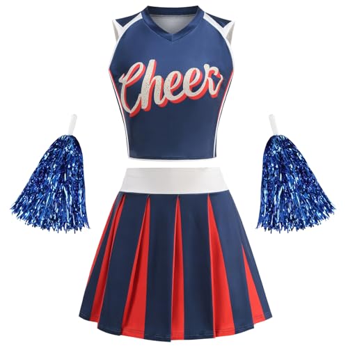 GRAJTCIN Cheerleader-Kostüm für Damen, Cheerleader-Uniform, Erwachsenen-Cheer-Outfit, Halloween, Weihnachten, Party-Kostüm (S, Marineblau) von GRAJTCIN