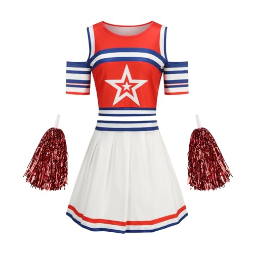 GRAJTCIN Cheerleader-Kostüm für Damen, für Erwachsene, schulterfrei, Top, Cheerleading-Uniform, Cheerleading-Kostüm, Halloween-Party-Outfit mit Pompons (Rot, M) von GRAJTCIN
