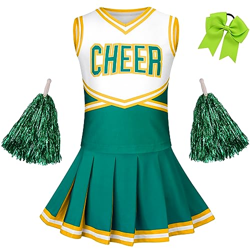 GRAJTCIN Cheerleader-Kostüm für Mädchen, Cheerleader-Uniform, Cheerleader-Uniform für Kinder von 13–14 Jahren, mit Haarschleife (160, Grün) von GRAJTCIN