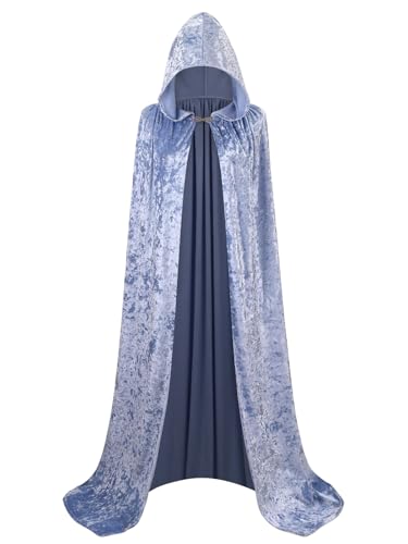 GRAJTCIN Damen-Kapuzenumhang aus Knautschsamt, Umhang in voller Länge, für Halloween, Hell, blau, 140CM / 55" von GRAJTCIN