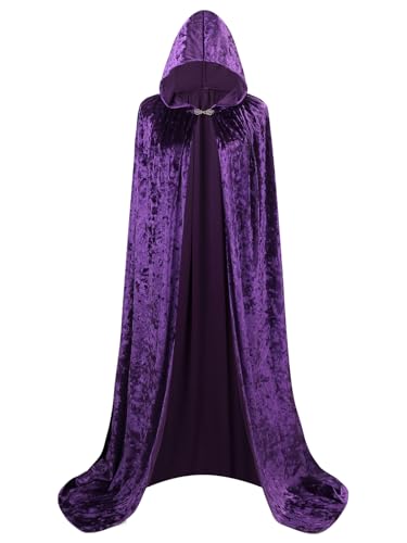 GRAJTCIN Damen-Kapuzenumhang aus Knautschsamt, Umhang in voller Länge, für Halloween, Violett, 140CM / 55" von GRAJTCIN