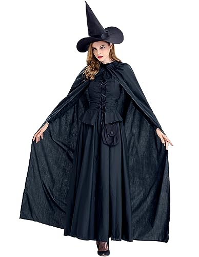 GRAJTCIN Damen Wicked Witch Kostüm, 4 Stück Halloween Deluxe Hexe Kleid Schwarz, Schwarz (Classic), M von GRAJTCIN