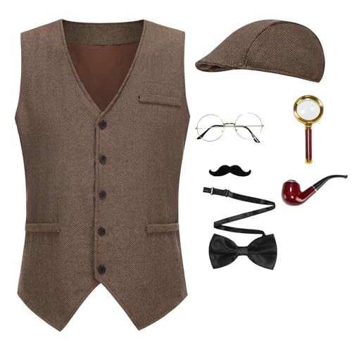 GRAJTCIN Detektiv-Kostüm-Set Sherlock Holmes für Erwachsene, Herren, Halloween, Cosplay, 7-teilig, Braun, XL GRAJTCIN Detektiv-Kostüm-Set Sherlock Holmes für Erwachsene, Herren, Halloween, Cosplay, 7-teilig, Braun, XL von GRAJTCIN