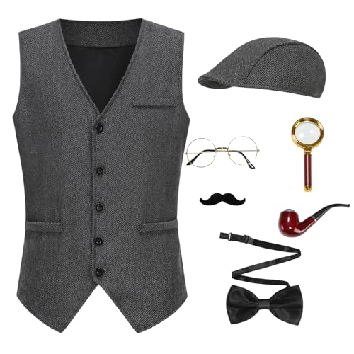 GRAJTCIN Detektiv-Kostüm-Set Sherlock Holmes für Erwachsene, Herren, Halloween, Cosplay, 7-teilig, Dunkel_Grau, L GRAJTCIN Detektiv-Kostüm-Set Sherlock Holmes für Erwachsene, Herren, Halloween, Cosplay, 7-teilig, Dunkel_Grau, L von GRAJTCIN