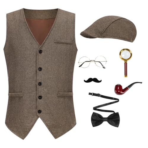 GRAJTCIN Detektiv-Kostüm-Set Sherlock Holmes für Erwachsene, Herren, Halloween, Cosplay, 7-teilig, Helles Braun, XXL GRAJTCIN Detektiv-Kostüm-Set Sherlock Holmes für Erwachsene, Herren, Halloween, Cosplay, 7-teilig, Helles Braun, XXL von GRAJTCIN