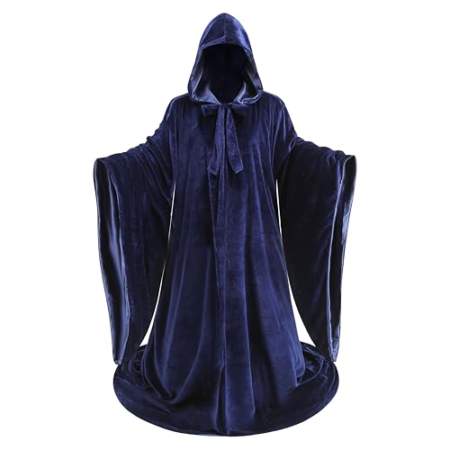 GRAJTCIN Doppelseitiger Samt-Zauberer-Umhang mit Kapuze und Ärmeln für Damen und Herren, Zauberer-Robe, Kostüm, Halloween, Umhang (Blau / Schwarz) von GRAJTCIN