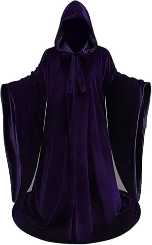 GRAJTCIN Doppelseitiger Samt-Zauberer-Umhang mit Kapuze und Ärmeln für Damen und Herren, Zauberer-Robe, Kostüm, Halloween, Umhang (lila-schwarz) von GRAJTCIN