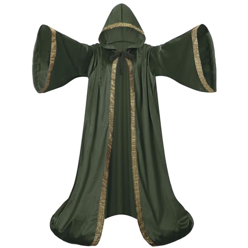 GRAJTCIN Erwachsener holländischer Samt-Zauberer-Umhang mit Kapuze und Ärmeln für Männer und Frauen, Zauberer-Robe, Kostüm, Halloween-Umhang (Armeegrün) von GRAJTCIN