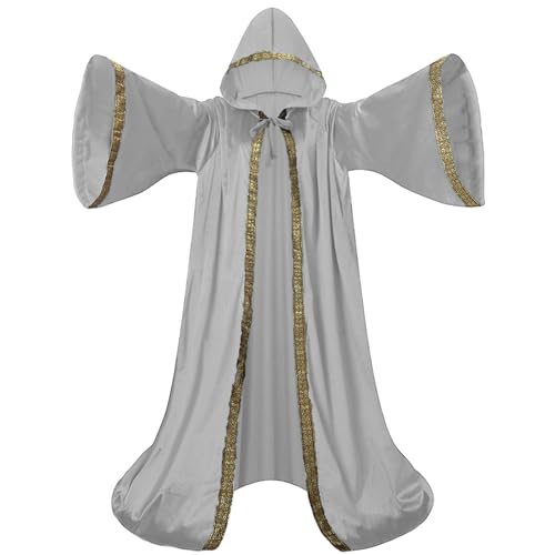 GRAJTCIN Erwachsener holländischer Samt-Zauberer-Umhang mit Kapuze und Ärmeln für Männer und Frauen, Zauberer-Robe, Kostüm, Halloween-Umhang (Hellgrau) von GRAJTCIN