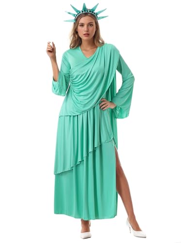 GRAJTCIN Freiheitsstatue Kostüm für Damen, patriotisches Damenkostüm mit Krone, Unabhängigkeitstag, Halloween-Party-Outfit (S, Cyan) von GRAJTCIN