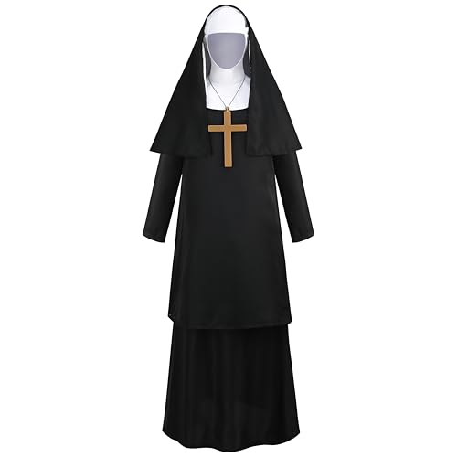 GRAJTCIN Halloween-Nonnenkostüm für Damen, Übergröße, 4-teilig, Mutter-Cosplay-Kleid, gruselige Nonne Gewohnheit, Stil 2: Schwarz, X-Large von GRAJTCIN