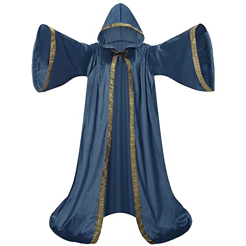 GRAJTCIN Holländischer Zauberer-Umhang aus Samt mit Kapuze und Ärmeln für Damen und Herren, Zauberer-Robe, Kostüm, Halloween, Umhang (blau) von GRAJTCIN
