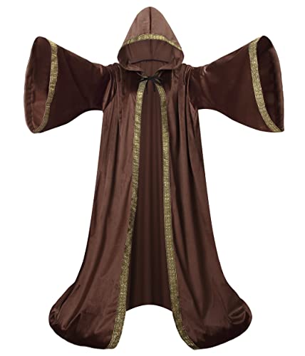 GRAJTCIN Holländischer Zauberer-Umhang aus Samt mit Kapuze und Ärmeln für Damen und Herren, Zauberer-Robe, Kostüm, Halloween, Umhang (braun) von GRAJTCIN