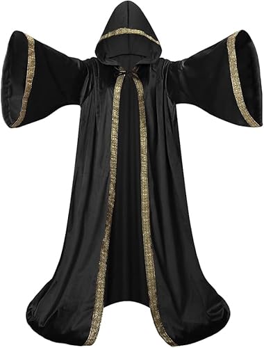 GRAJTCIN Holländischer Zauberer-Umhang aus Samt mit Kapuze und Ärmeln für Damen und Herren, Zauberer-Robe, Kostüm, Halloween, Umhang (schwarz) von GRAJTCIN